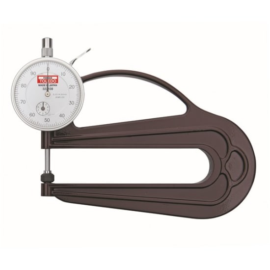 High precision metric thickness gauge with lever operation, ideal for measuring small parts like metal and plastic.