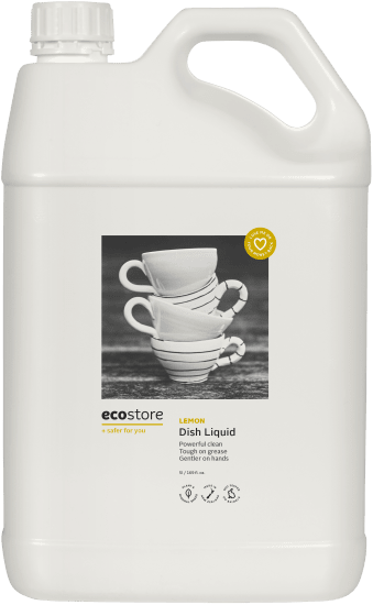 Ecostore Dishwash Liquid Lemon in a 5L bottle, eco-friendly, effective grease-cutting, and gentle on hands with a fresh fragrance.