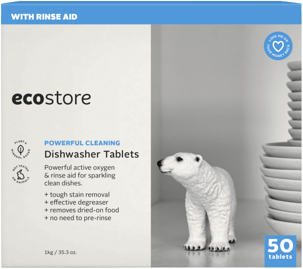 Ecostore Dishwash Tablets pack featuring 50 eco-friendly, plant-based tablets with built-in rinse aid and biodegradable wrappers.