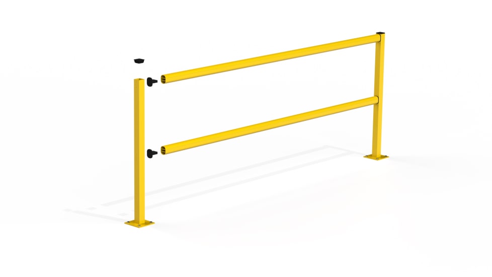 Modular PedSafe Barrier Starter Bay with a ribbed handrail and sturdy posts for safe pedestrian walkways in high-traffic areas.