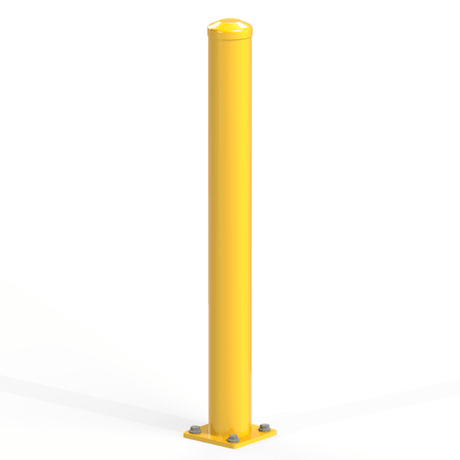 Sturdy 1100mm high steel bollard for traffic control and property protection, featuring a removable cap and surface mount design.