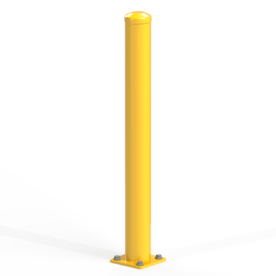 Sturdy 1100mm high steel bollard for traffic control and property protection, featuring a removable cap and surface mount design.