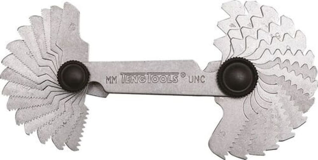 Teng Thread Gauge featuring 55 blades for precise measurement of 0.25-6.0mm metric and UNC threads in a secure holder.