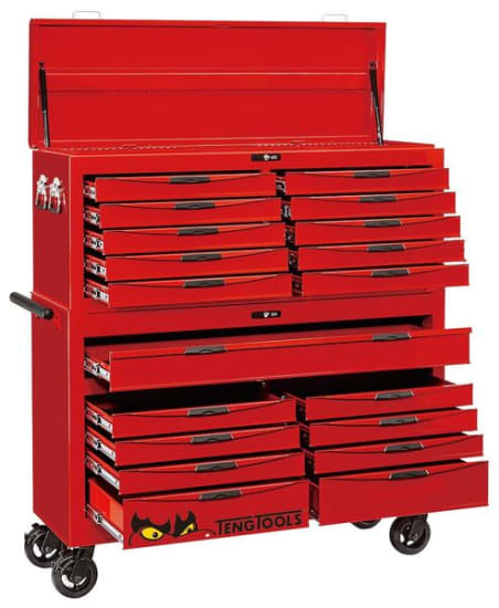 Teng 19 Drawer Toolbox Stacker with 10 top and 9 roller drawers, featuring durable design, lockable storage, and smooth ball bearing slides.