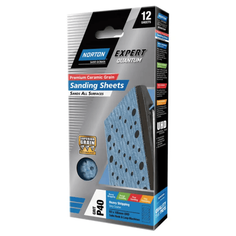Norton Quantum Sanding Sheets, 93 x 185mm, P40 grit, 12-pack, designed for aggressive sanding and dust extraction.