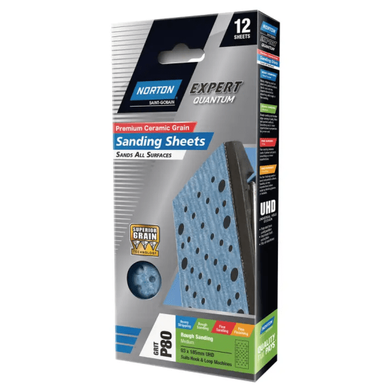 Norton Quantum Sanding Sheets, 93x185mm, P80 grit; durable, efficient, versatile, with hook and loop back for easy use.