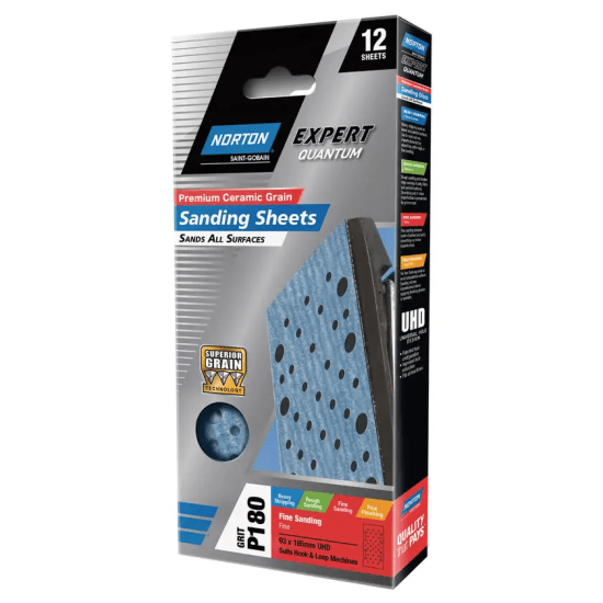Norton Quantum Sanding Sheets 93x185mm P180, 12-pack with advanced grit and dust extraction features for smooth finishes.