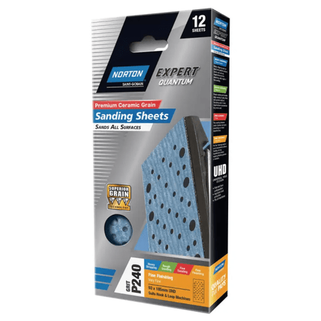 Norton Quantum Sanding Sheets, 93 x 185mm, P240 grit, 12-pack for superior sanding, quick attachment, and excellent dust extraction.