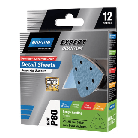 Norton Premium Ceramic Grain Detail Sheet, 93x93mm, P80 grit, with 6 holes for efficient dust extraction and quick disc changes.