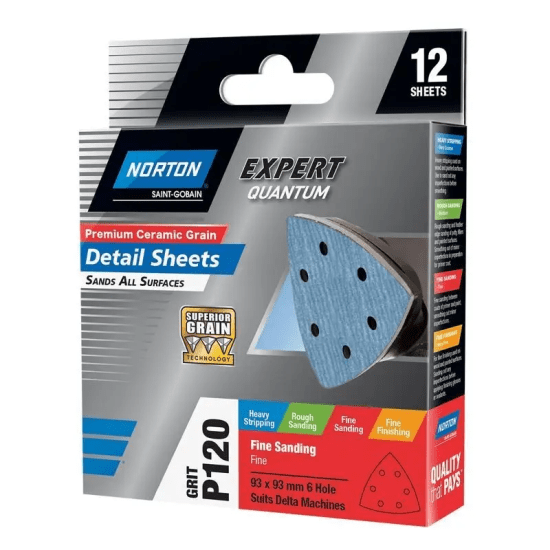 Norton Premium Ceramic Grain Detail Sheet, 93x93mm, P120 grit, 6-hole design for efficient dust extraction and smooth finishes.