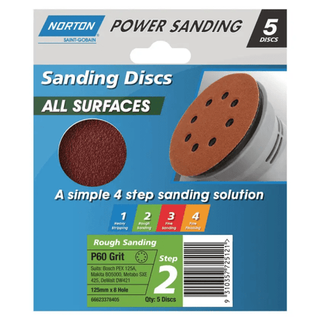 Norton Speedgrip 125mm P60 sanding discs, 5-pack, durable hook and loop design, ideal for wood and metal sanding tasks.