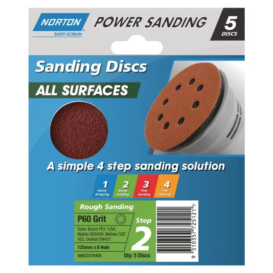 Norton Speedgrip 125mm P60 sanding discs, 5-pack, durable hook and loop design, ideal for wood and metal sanding tasks.