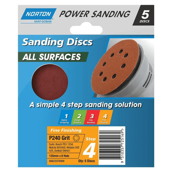 Norton Speedgrip 125mm sanding discs, P240 grit, 8 holes for dust extraction, ideal for wood and metal, easy hook and loop backing.