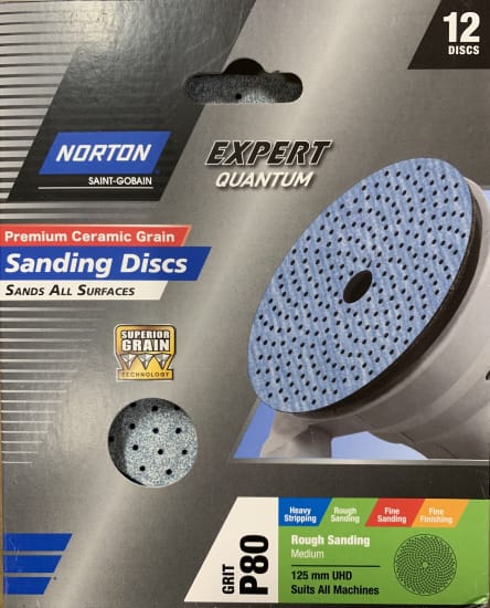 Norton Quantum Premium Sanding Discs, 125mm, P80 grit, 12-pack for precision sanding, durable with hook and loop backing.