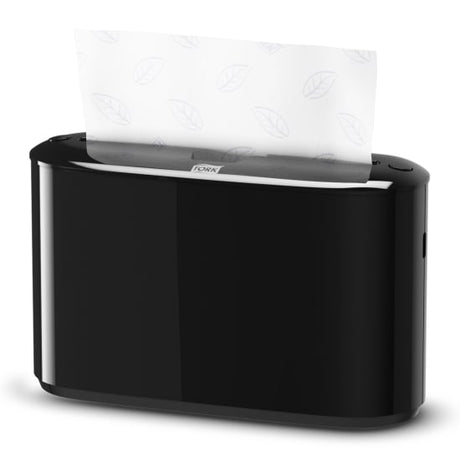 Sleek black Tork H2 Xpress Countertop Dispenser for hand towels, compact design with refill indicator, ideal for restrooms.