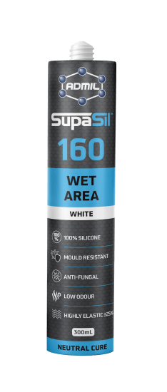 High-performance 100% silicone sealant in white for kitchens, bathrooms, and laundries, mould-resistant and UV resistant.