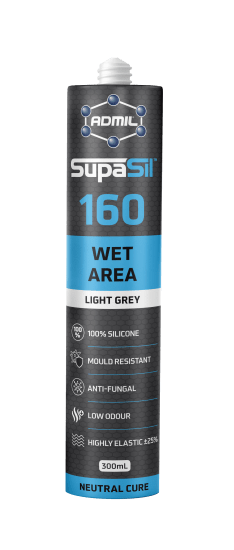 Admil SupaSil 160 Wet Area Sealant in Light Grey, ideal for bathrooms and kitchens with mould-resistant, elastic silicone.