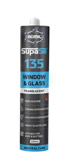 Admil SupaSil 135 is a translucent silicone sealant for windows and glass, featuring UV resistance and strong adhesion.