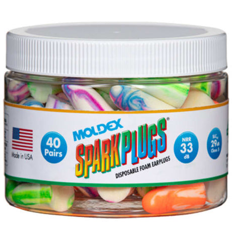 Moldex Earplug Jar Sparkplug 6684 containing 40 pairs of soft, tapered, eco-friendly earplugs for ultimate auditory protection.
