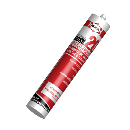 Translucent 300ml tube of Admil Prosil 20 silicone sealant, ideal for glazing, sealing, and aquarium applications with high durability.