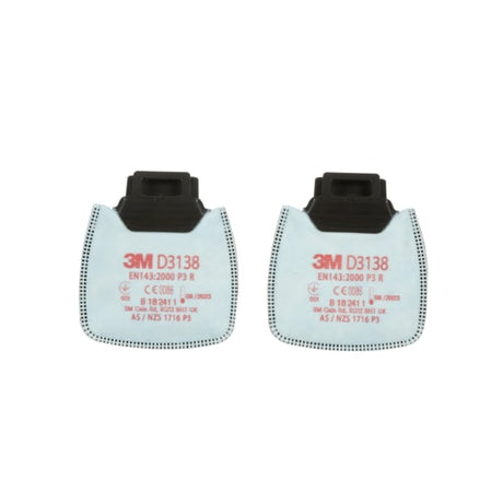 3M Secure Click D3138 particulate filters in a box of 10 pairs, designed for respiratory protection against harmful particulates.