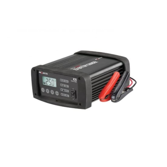 Projecta Multichem 12V 25A Lithium Battery Charger with rubber end caps, 7-stage tech, and 3-year warranty for efficient charging.