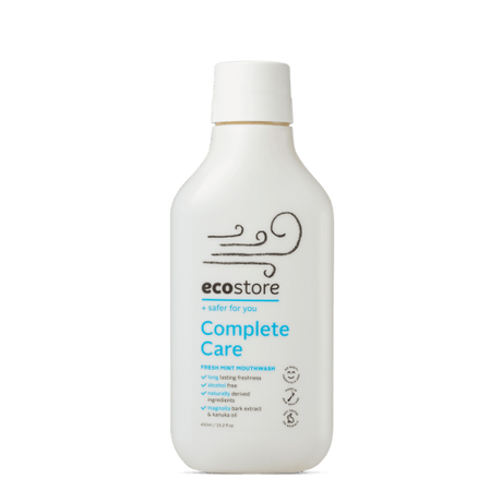 Ecostore Mouthwash Complete Care 450ml bottle, featuring natural ingredients for fresh breath and enhanced oral health.