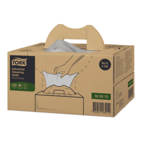 Tork W7 Industrial Cleaning Cloths in a handy box, 210 premium grey cloths designed for efficient, solvent-saving cleaning.