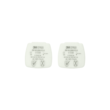3M Secure Click D7925 particulate filters in a box of 20 pairs, designed for safety against solid and liquid particles.
