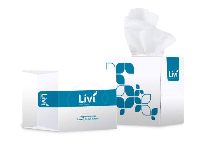 Livi Essentials 2-ply facial tissue cube, 90 sheets, stylish design, hypoallergenic, ideal for home and office use.