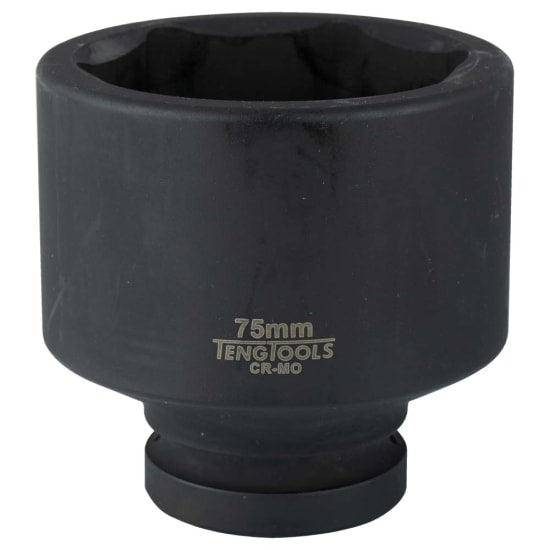 Teng 1in Dr. Impact Socket 75mm with black phosphate finish, chrome molybdenum, and pin for secure tool attachment.