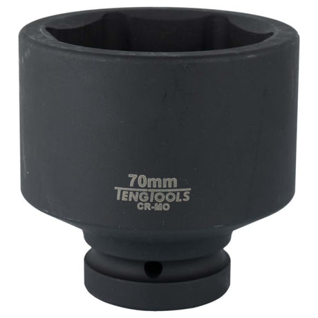 Teng 1in impact socket, 70mm, chrome molybdenum, black phosphate finish, DIN design for secure tool attachment.