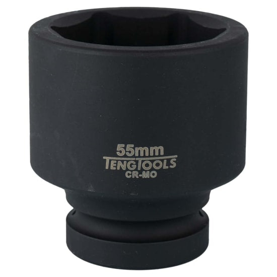 Teng 1in Dr. Impact Socket 55mm featuring chrome molybdenum, black phosphate finish, and DIN design for secure tool use.