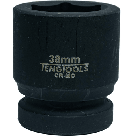 Teng 1in Dr. Impact Socket 38mm with chrome molybdenum build, 6-point design, and black phosphate finish for durability.