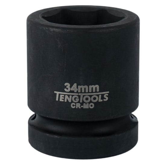 Teng 1in drive 34mm impact socket, durable chrome molybdenum, black phosphate finish, secure ring and pin fixing hole.