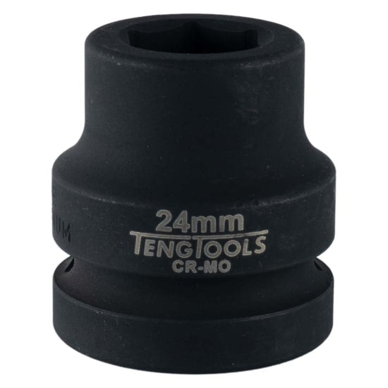 Teng 1in Dr. Impact Socket 24mm - Durable chrome molybdenum with black phosphate finish, designed for high torque and secure attachment.