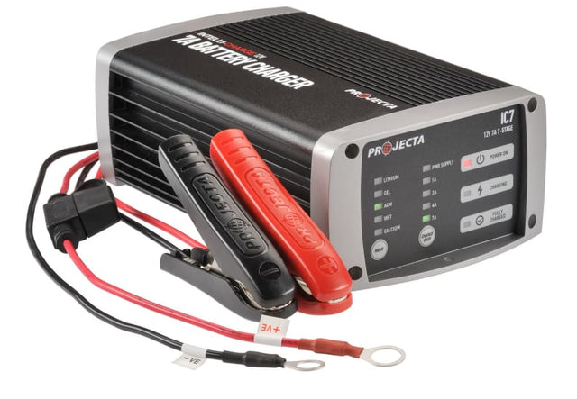 12V Multichem Lithium Battery Charger 7A, versatile for GEL, AGM, WET, Calcium, and Lithium batteries in vehicles.