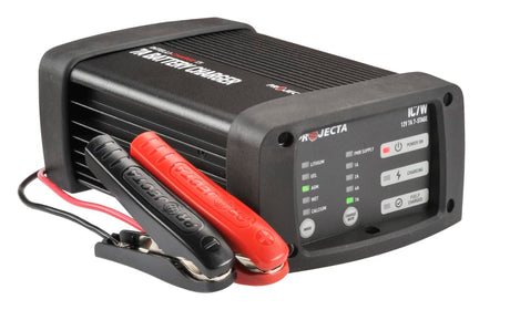 Projecta 12V Workshop Lithium Battery Charger 7A, a durable and versatile charger for GEL, AGM, WET, Calcium, and Lithium batteries.