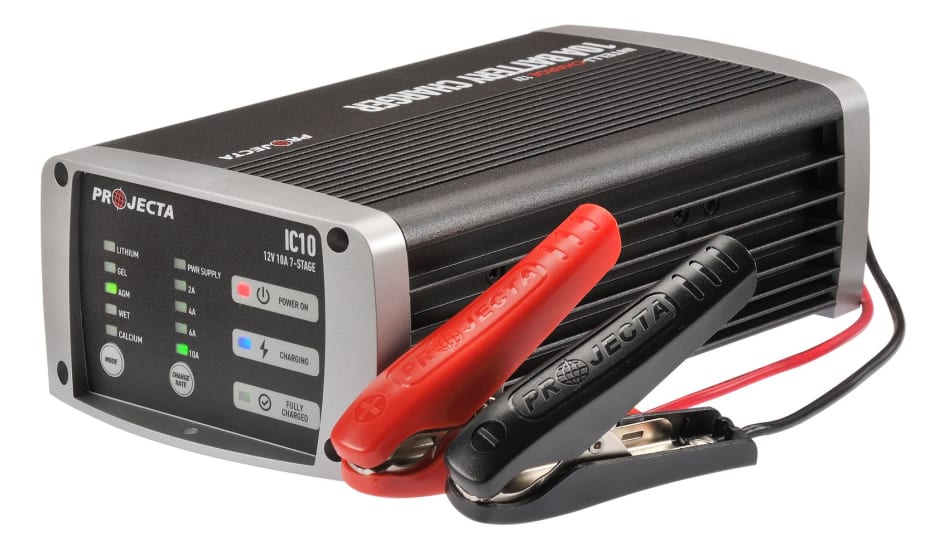 Projecta 12V Multichem Lithium Battery Charger 10A: Compact charger with Intelli-Charge for various battery types and efficient power management.