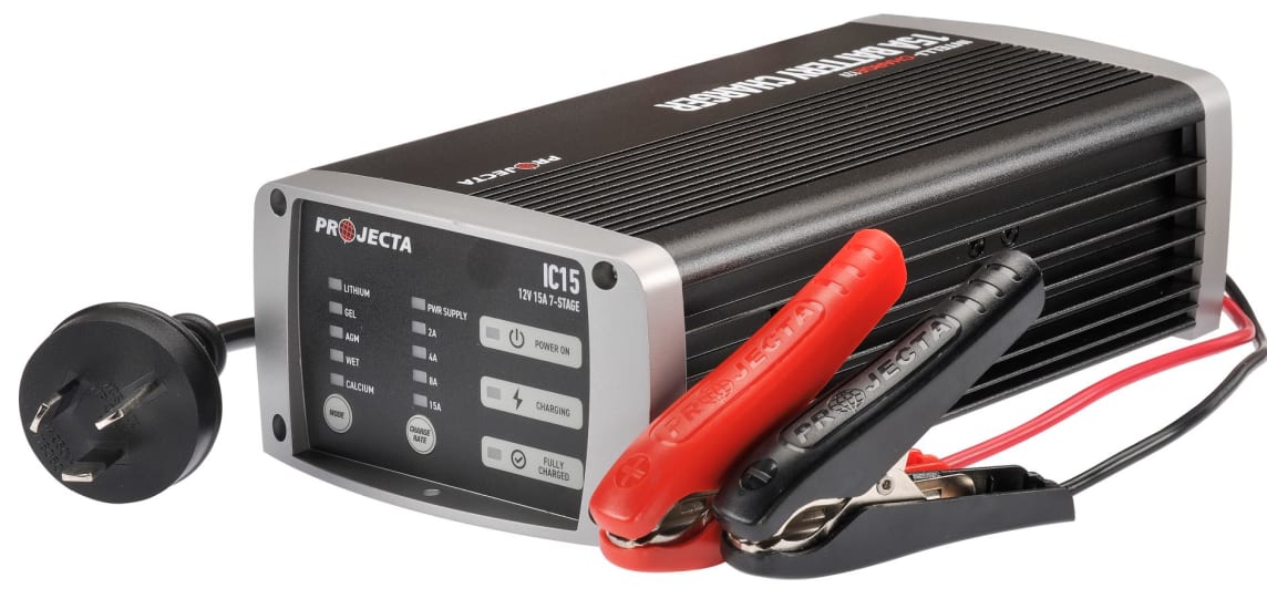 Projecta 12V Multichem Lithium Battery Charger 15A for fast, reliable charging of large batteries in boats and caravans.