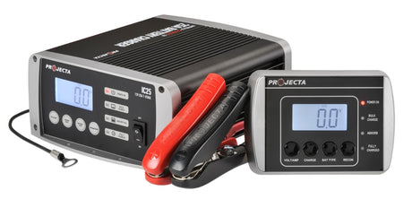 Projecta 12V Multichem Lithium Battery Charger 25A, featuring Intelli-Charge for various battery types and adjustable output.