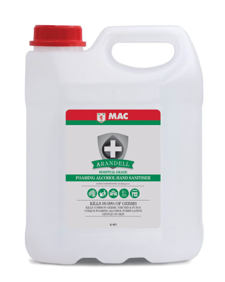 Foaming alcohol hand sanitiser in a 2L jerry, eliminates 99.9% germs, fast-drying, skin-friendly, made in New Zealand.
