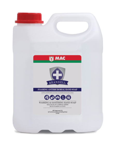 MAC Arandell Antimicrobial Foaming Hand Soap in 2L, effective germ-killer with skin conditioners for soft, clean hands.