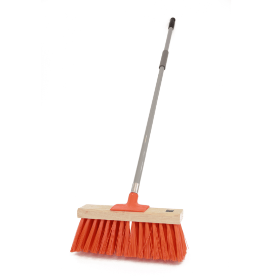 Browns Yard Broom with metal handle and orange bristles, designed for efficient outdoor cleaning and debris collection.