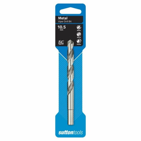 Sutton HSS Viper Jobber Drill-10.5mm, high-speed steel drill bit for fast, precise drilling in metals, wood, and plastics.