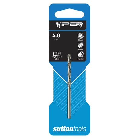 Sutton HSS Viper Jobber Drill 4mm with Viper point design for fast, precise drilling in various materials.