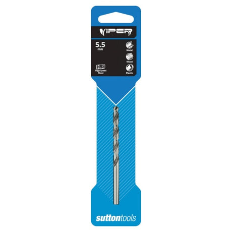 Sutton HSS Viper Jobber Drill 5.5mm, high-speed steel, 2X faster drilling, 118-degree split point for precision and reduced wandering.