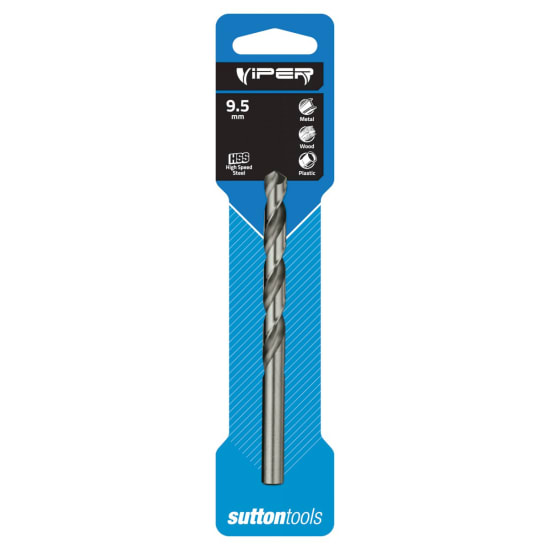 Sutton HSS Viper Jobber Drill-9.5mm, fast-drilling, self-centering bit for steel, aluminum, wood, and plastics.