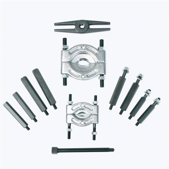 Toledo 12-piece bearing separator puller kit with various separators, rods, and a forcing screw for easy bearing removal.