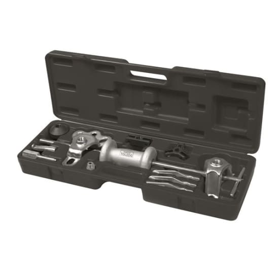 Toledo Slide Hammer Puller Set featuring cone, front hub puller, triple head, and 600mm slide hammer for efficient automotive repairs.